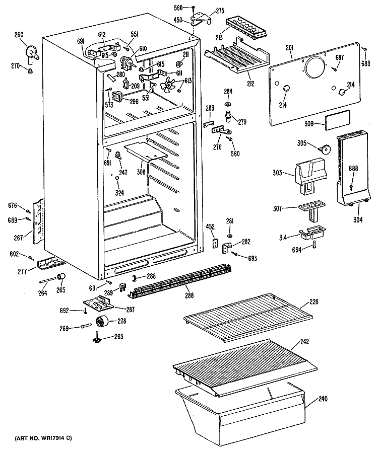 Section Diagram and Parts List for TBH14SASELWH  General Electric Refrigerator