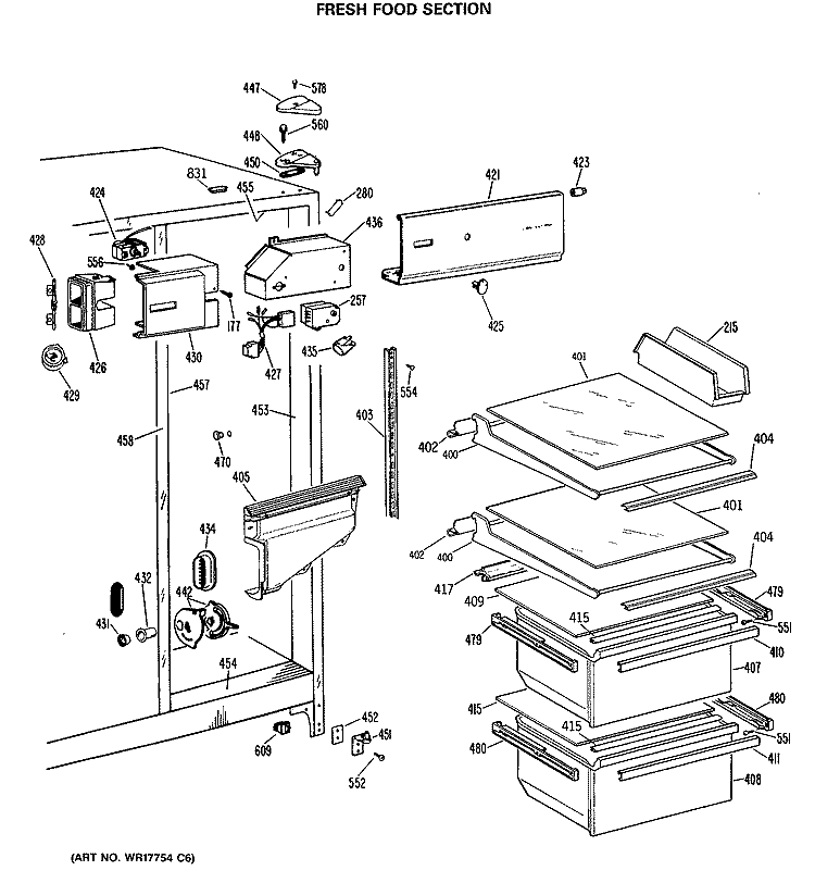 FRESH FOOD SECTION Diagram and Parts List for TFC20JASAAD  General Electric Refrigerator