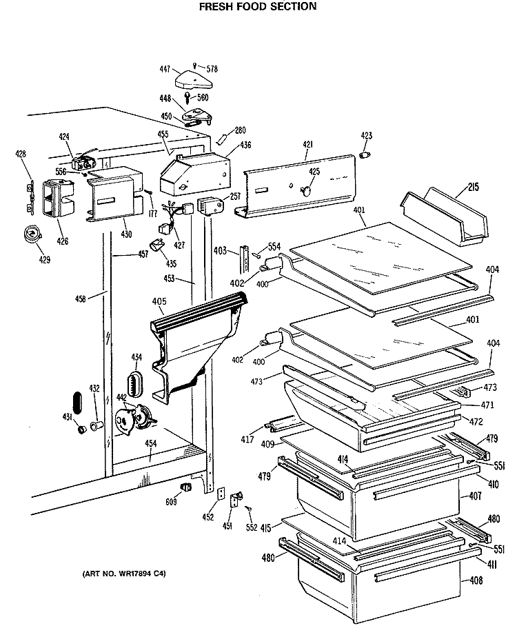 FRESH FOOD SECTION Diagram and Parts List for TFC22ZASAAD  General Electric Refrigerator
