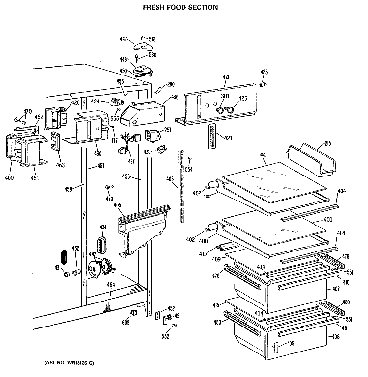 FRESH FOOD SECTION Diagram and Parts List for TFG20JASBWH  General Electric Refrigerator