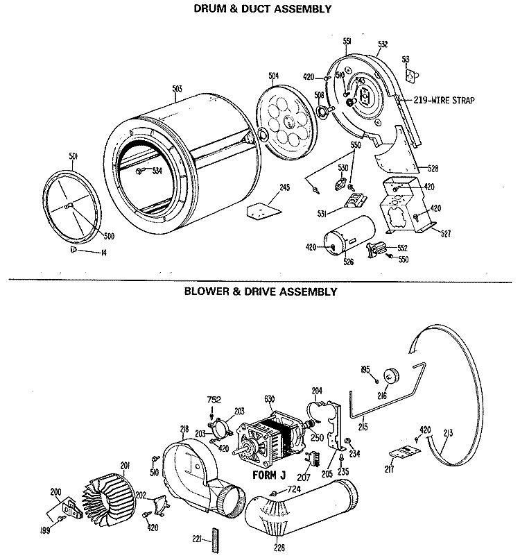 DRUM & DUCT ASSEMBLY Diagram and Parts List for DDG7187RBL  General Electric Dryer