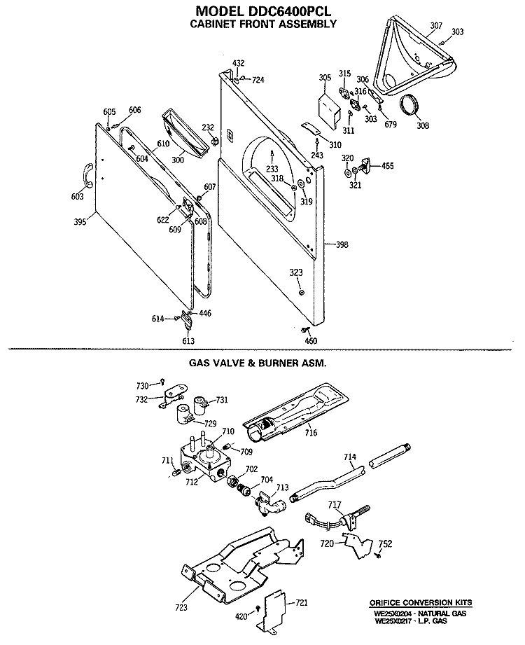 CABINET FRONT ASSEMBLY Diagram and Parts List for DDC6400PCL  General Electric Dryer