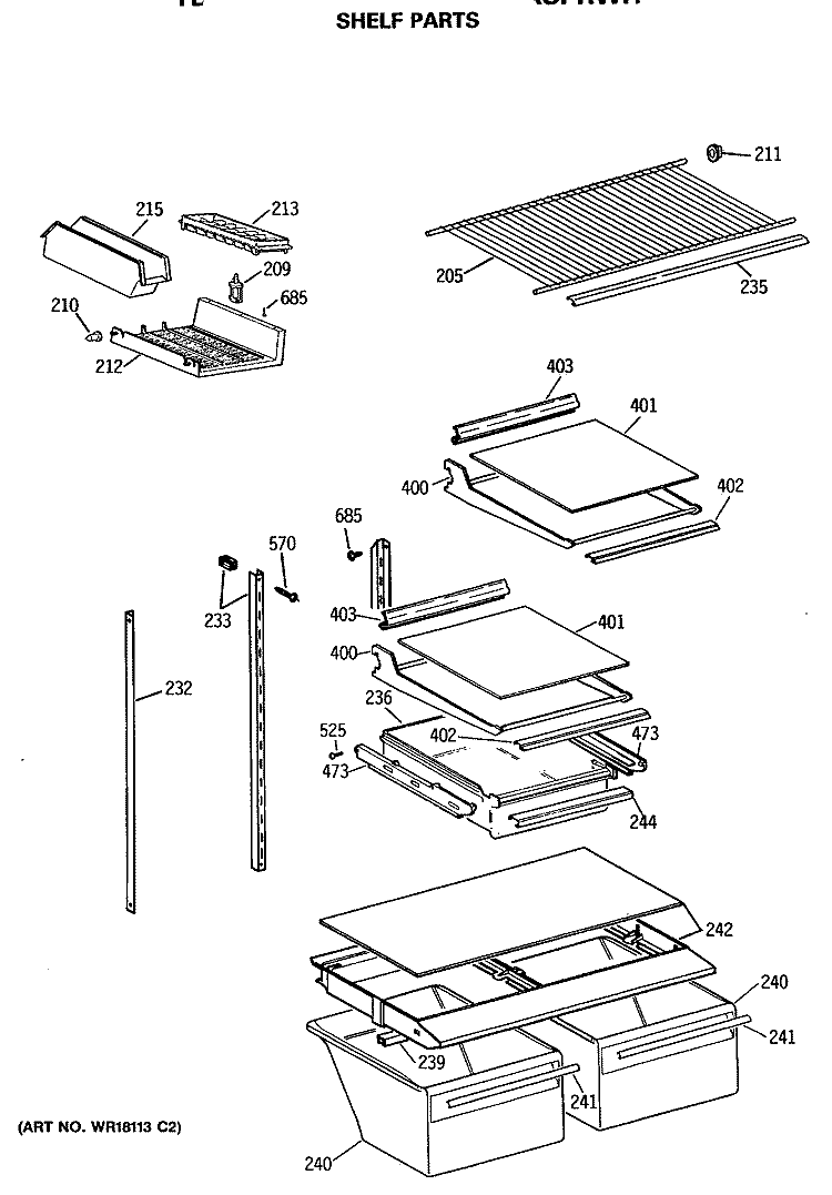 SHELF PARTS Diagram and Parts List for TBH18MASNRAD  General Electric Refrigerator