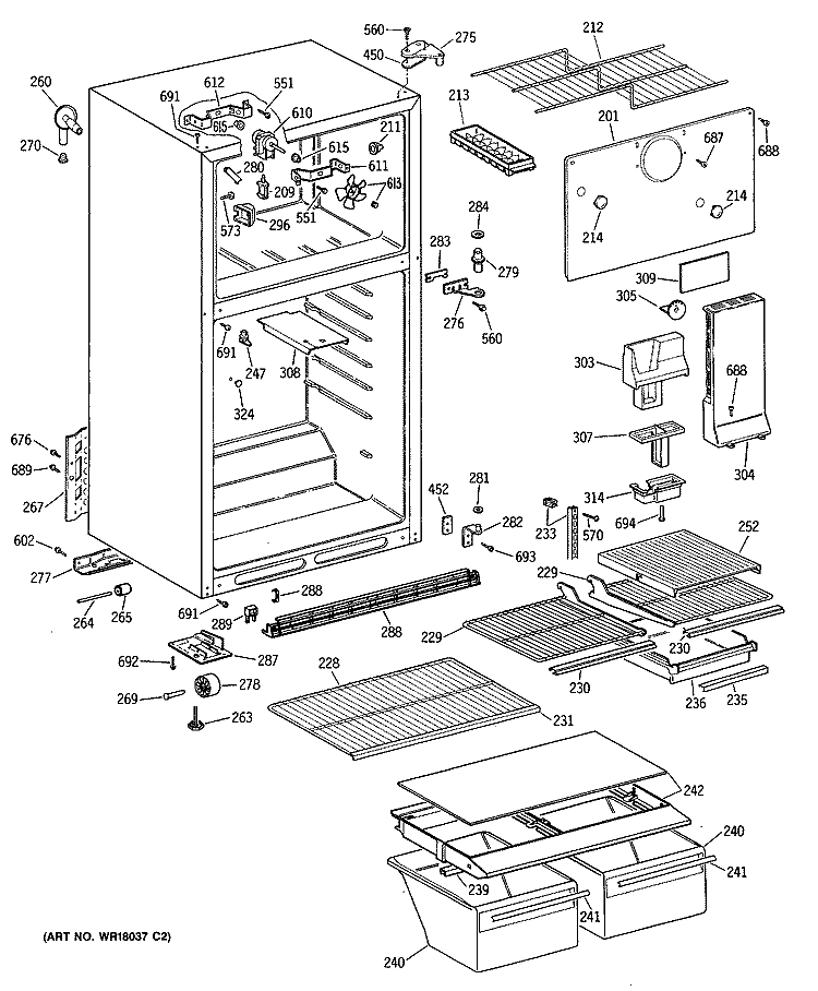 Section Diagram and Parts List for TBE16DASFRWH  General Electric Refrigerator