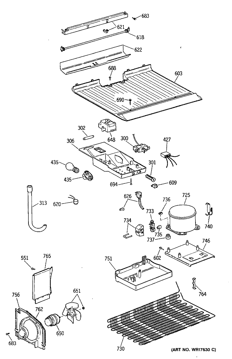 Section Diagram and Parts List for TBE16DASFRWH  General Electric Refrigerator