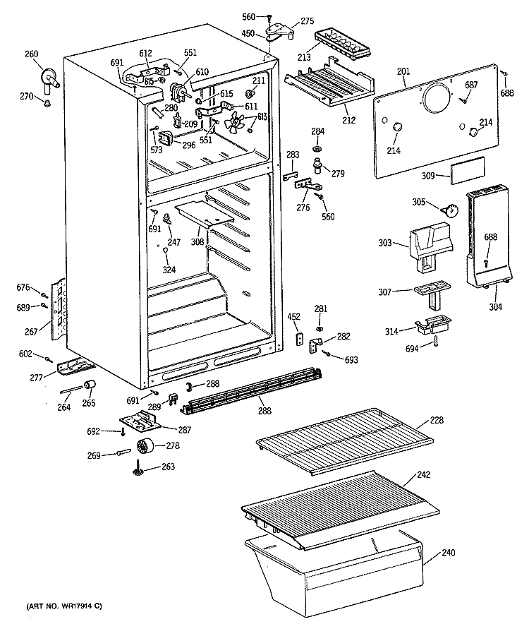 Section Diagram and Parts List for TBE14SASFRWH  General Electric Refrigerator