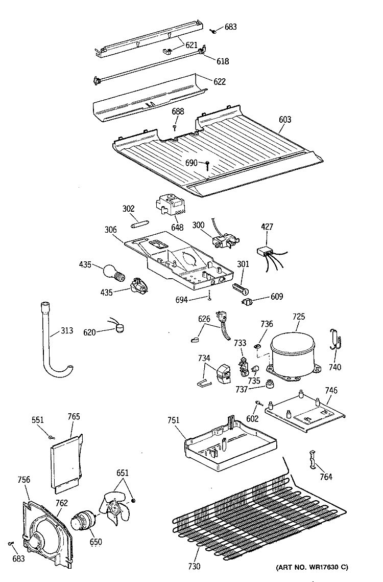 Section Diagram and Parts List for TBE16SASDRAD  General Electric Refrigerator