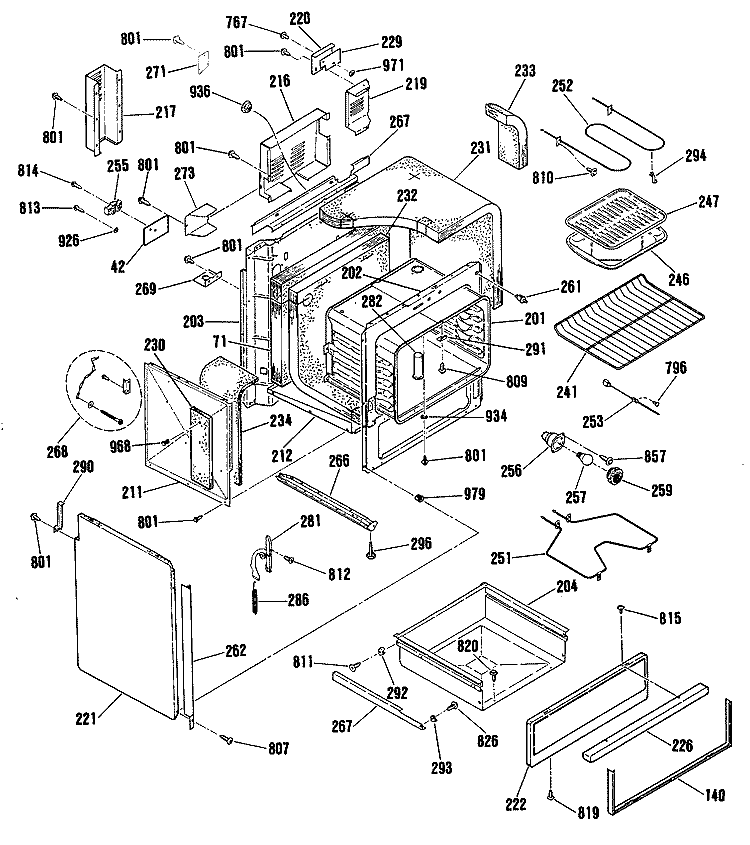 Section Diagram and Parts List for JSP38GS3BG  General Electric Range
