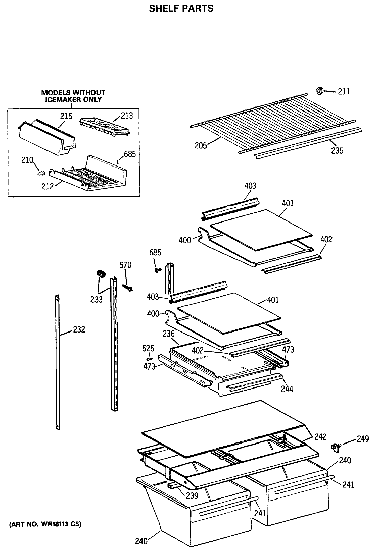 SHELF PARTS Diagram and Parts List for TBE18JASMRAD  General Electric Refrigerator