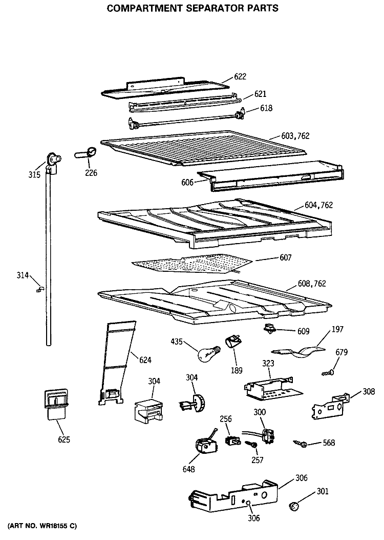 COMPARTMENT SEPARATOR PARTS Diagram and Parts List for TBE18JASMRAD  General Electric Refrigerator