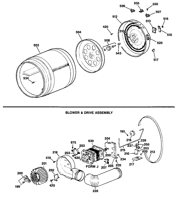 BLOWER & DRIVE ASSEMBLY Diagram and Parts List for DDE7100SBLAA  General Electric Dryer