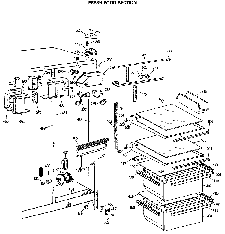 FRESH FOOD SECTION Diagram and Parts List for TFG20JASCWH  General Electric Refrigerator