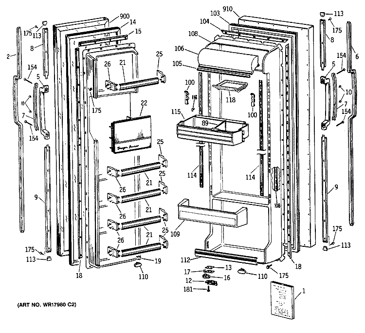 Section Diagram and Parts List for TFG24ZASCWH  General Electric Refrigerator