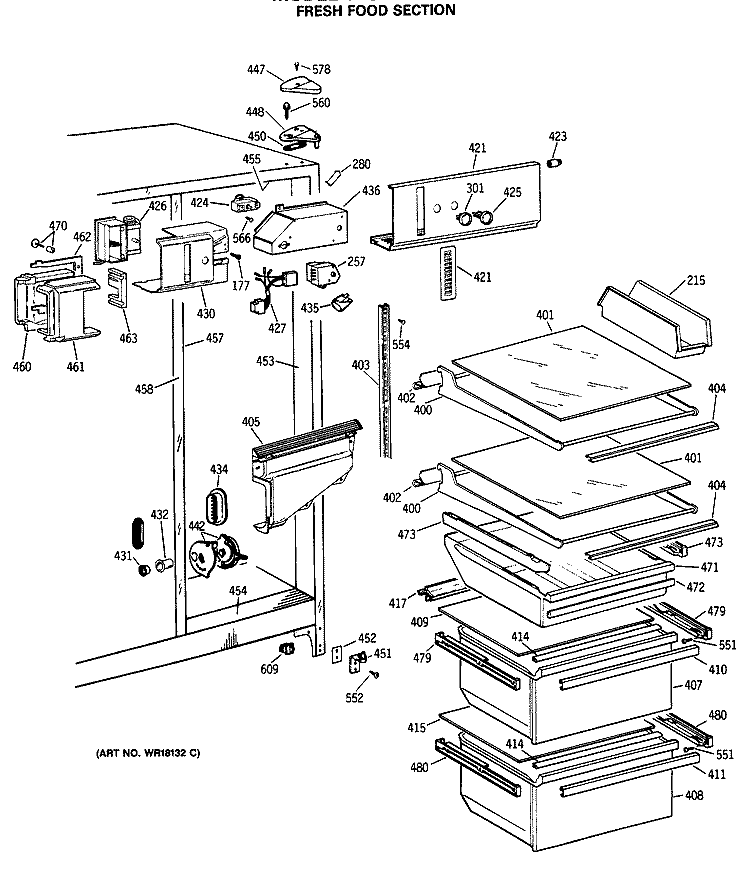 FRESH FOOD SECTION Diagram and Parts List for TFG24ZASCWH  General Electric Refrigerator