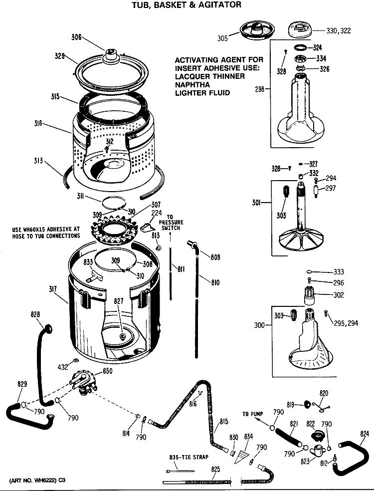 TUB, BASKET & AGITATOR Diagram and Parts List for WWA8900SALAA  General Electric Washer