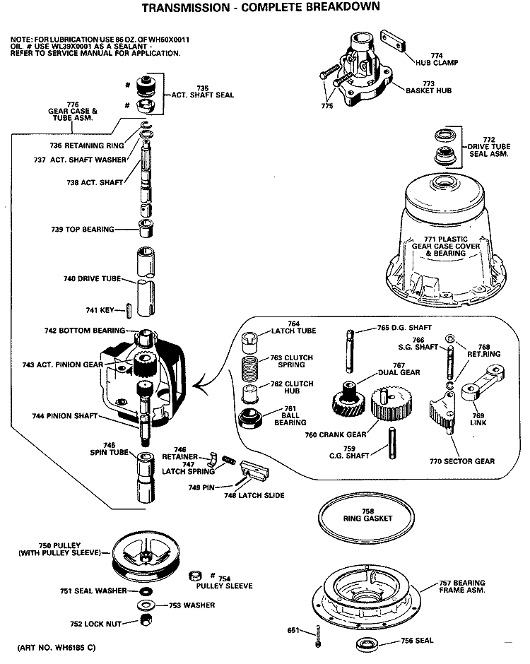 TRANSMISSION - COMPLETE BREAKDOWN Diagram and Parts List for WWA7600SALAA  General Electric Washer
