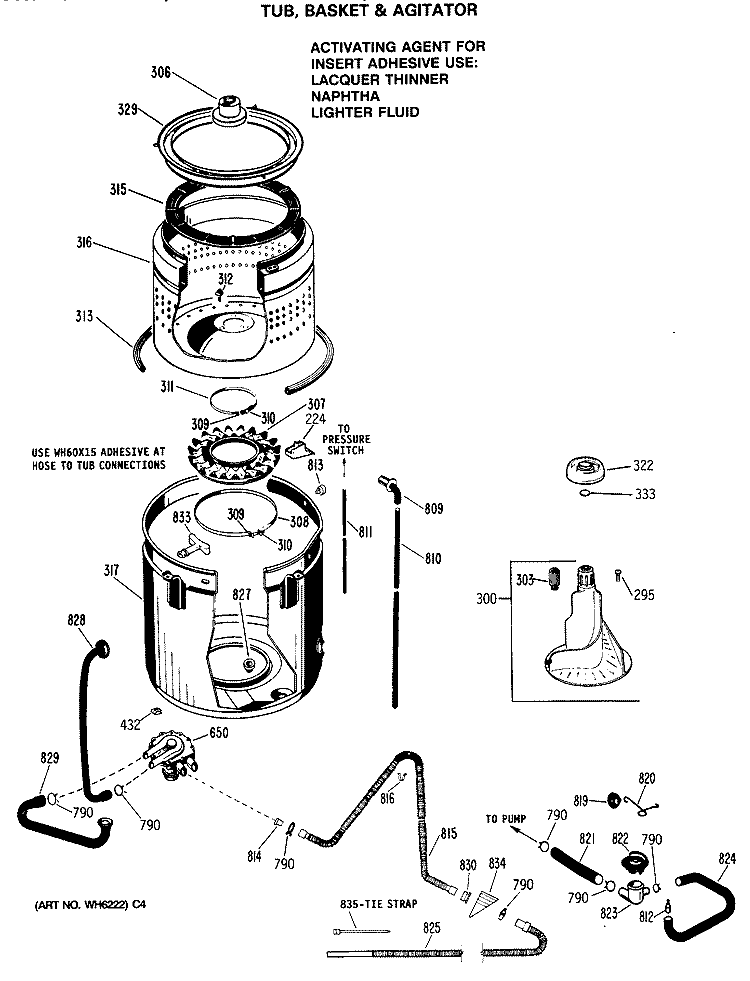 TUB, BASKET & AGITATOR Diagram and Parts List for WWA7600SALAA  General Electric Washer