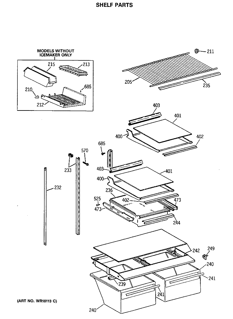 SHELF PARTS Diagram and Parts List for TBE18JASSRAD  General Electric Refrigerator