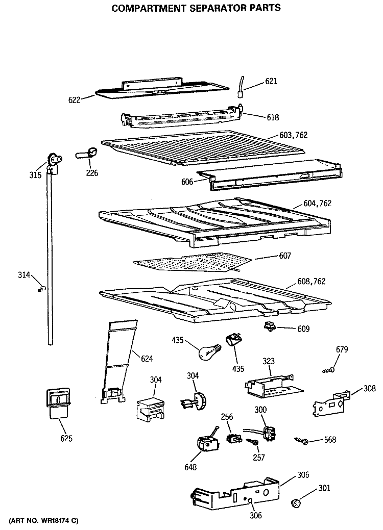 COMPARTMENT SEPARATOR PARTS Diagram and Parts List for TBE18JASSRAD  General Electric Refrigerator