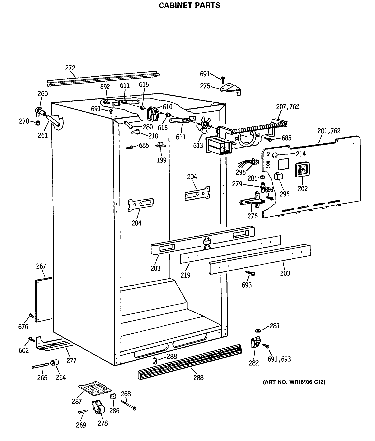 CABINET PARTS Diagram and Parts List for TBE18JATMRWH  General Electric Refrigerator