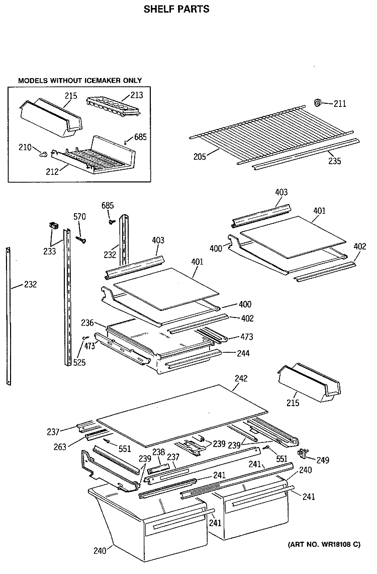SHELF PARTS Diagram and Parts List for TBE21JATMRWH  General Electric Refrigerator