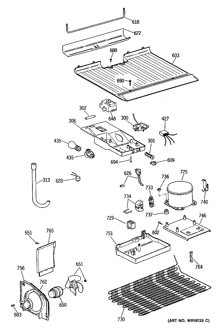 Section Diagram and Parts List for TBH14DASKRAD  General Electric Refrigerator