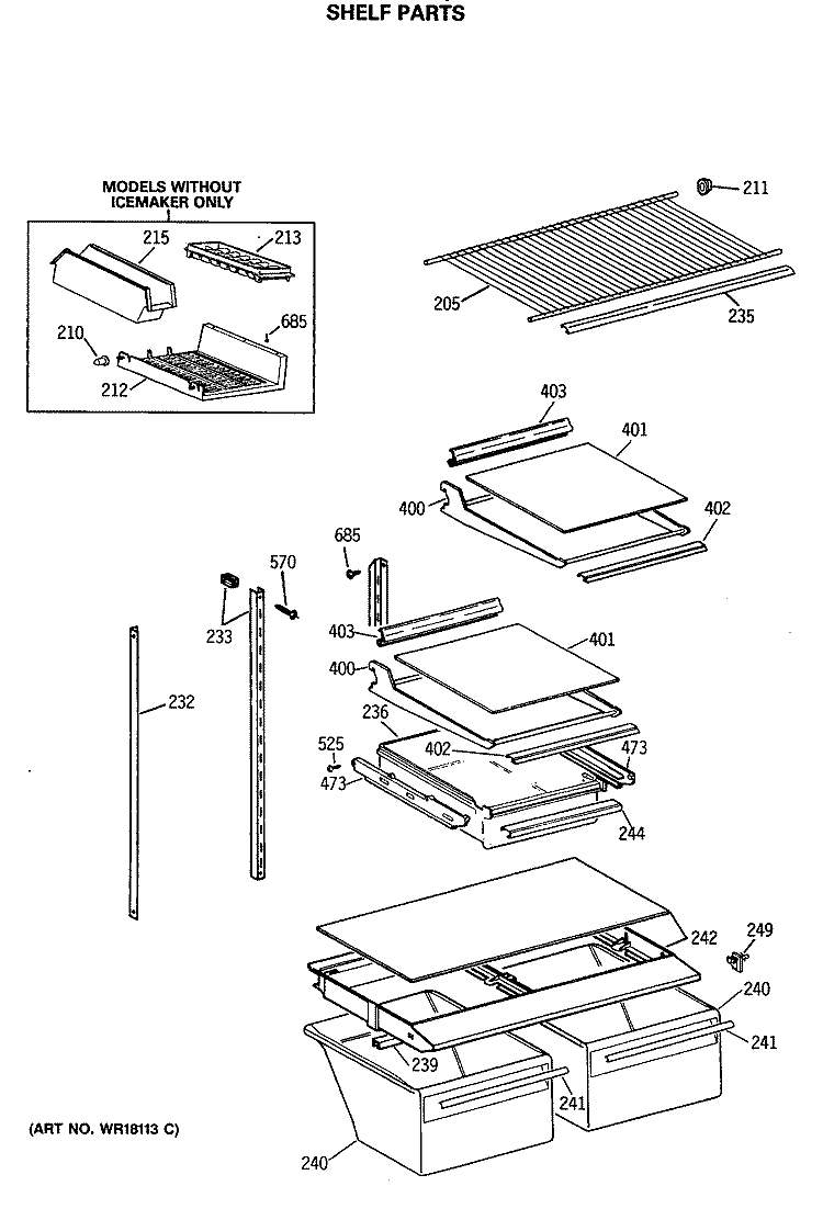 SHELF PARTS Diagram and Parts List for TBH18JASMRWH  General Electric Refrigerator