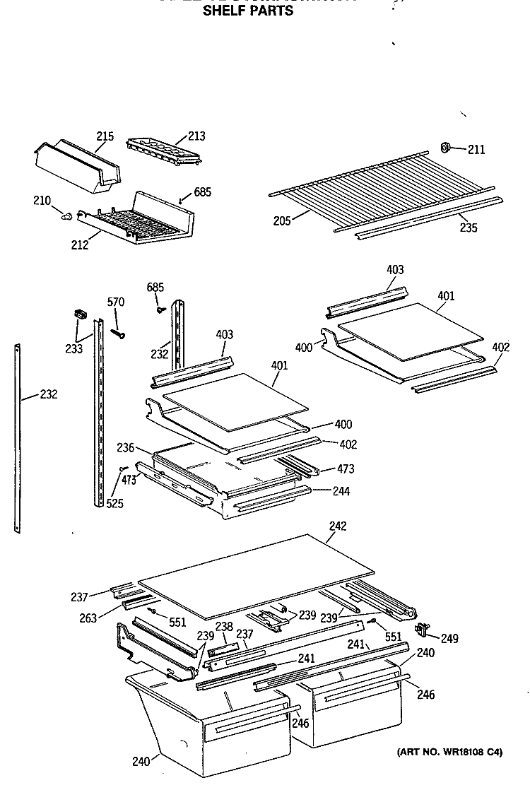 SHELF PARTS Diagram and Parts List for TBC19MASMRWH  General Electric Refrigerator