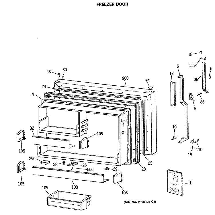 FREEZER DOOR Diagram and Parts List for TBX19PATMRBB  General Electric Refrigerator
