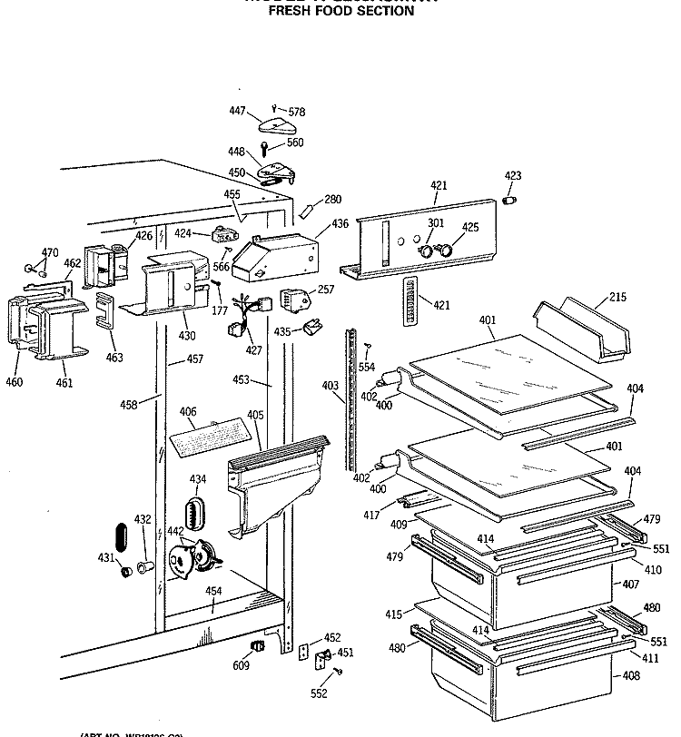 FRESH FOOD SECTION Diagram and Parts List for TFG20JASMWH  General Electric Refrigerator