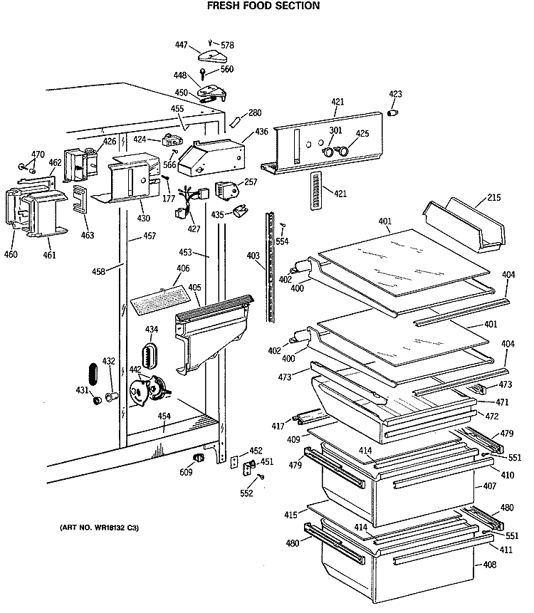 FRESH FOOD SECTION Diagram and Parts List for TFG22ZASMAD  General Electric Refrigerator