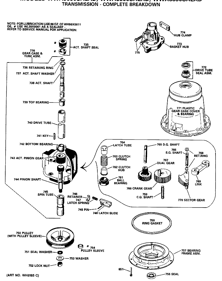 TRANSMISSION - COMPLETE BREAKDOWN Diagram and Parts List for WWA8850SALAD  General Electric Washer