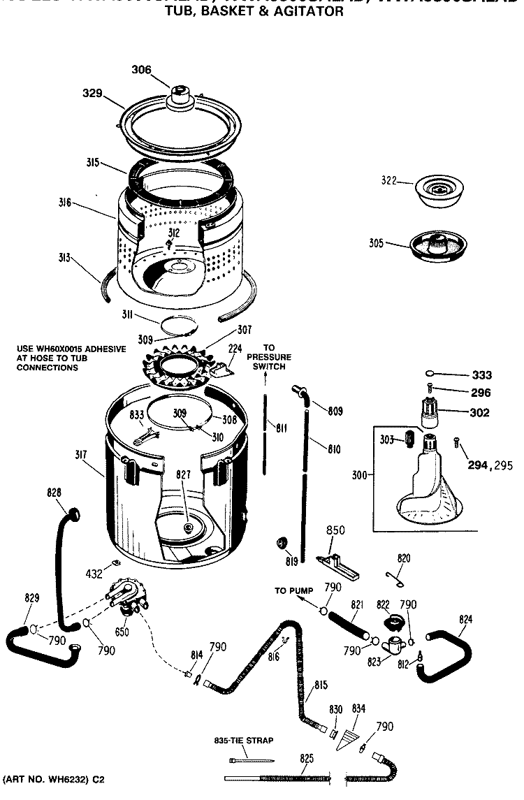 TUB, BASKET & AGITATOR Diagram and Parts List for WWA8850SALAD  General Electric Washer