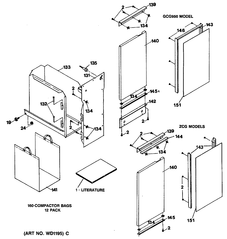 Section Diagram and Parts List for ZCG3300VWW-01  General Electric Trash Compactor