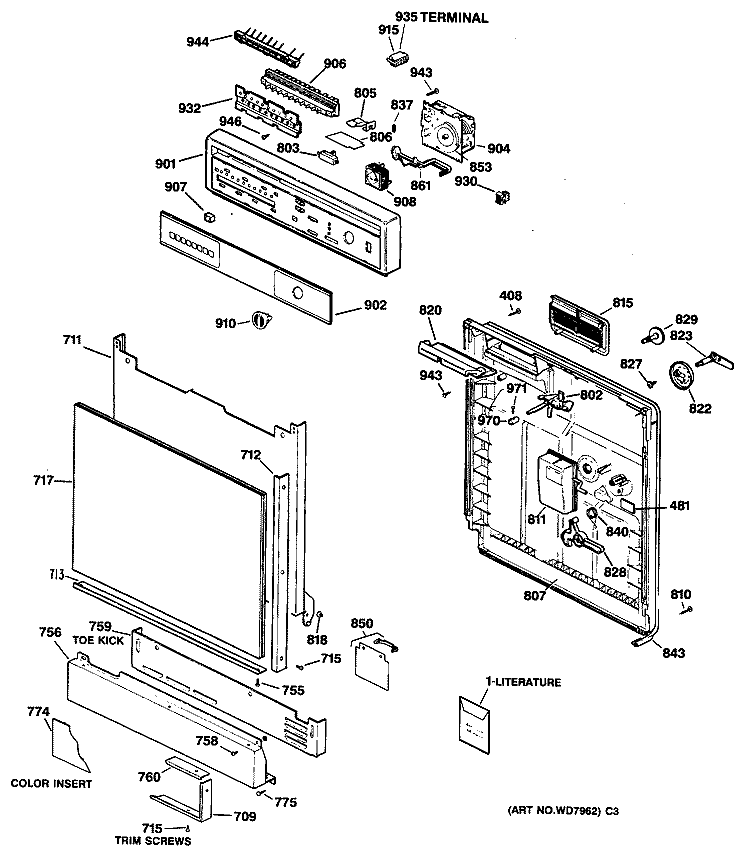 Section Diagram and Parts List for GSD950T-62  General Electric Dishwasher