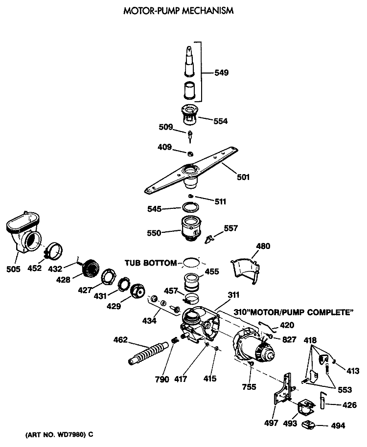 MOTOR - PUMP MECHANISM Diagram and Parts List for GSD950T-62  General Electric Dishwasher