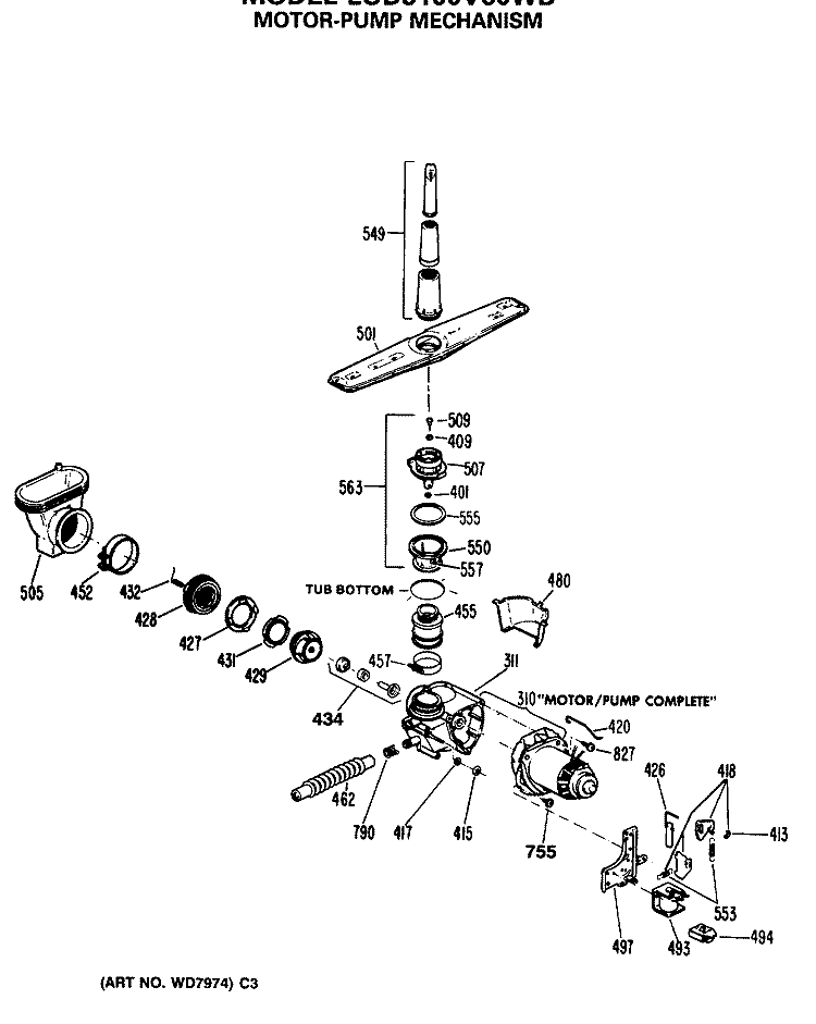 MOTOR - PUMP MECHANISM Diagram and Parts List for LUD3100V60WB  General Electric Dishwasher