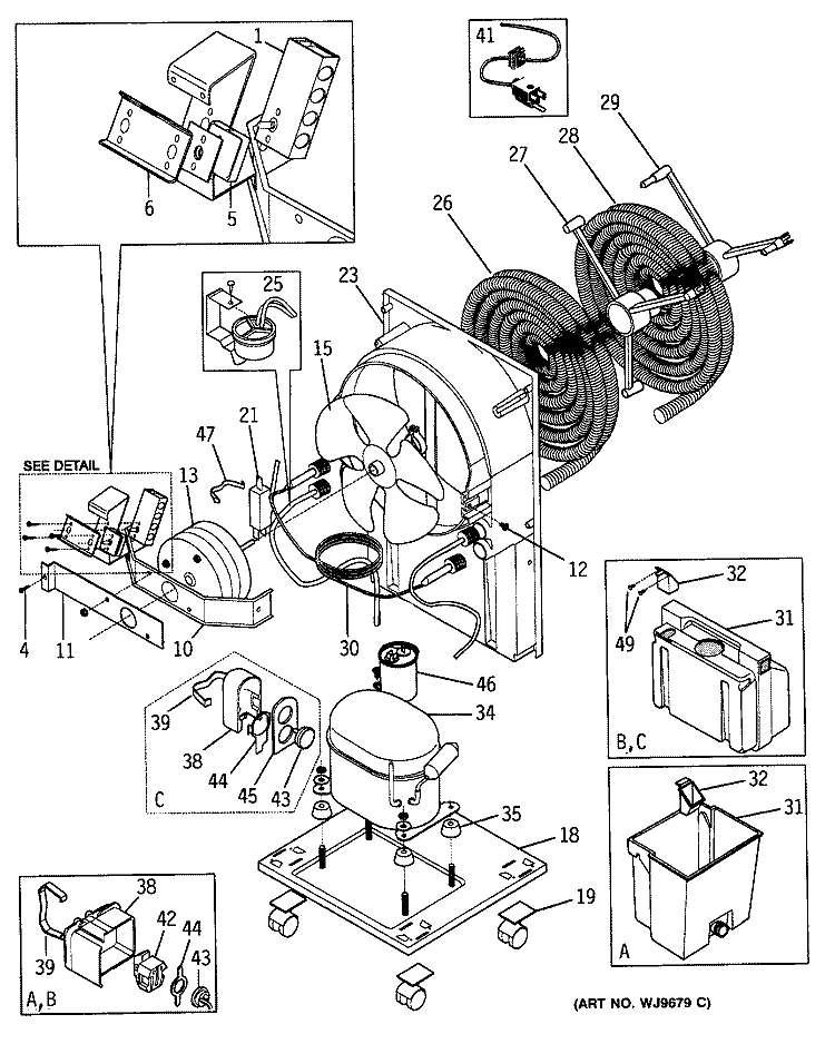 Section Diagram and Parts List for AHE40AAA1  General Electric Dehumidifier