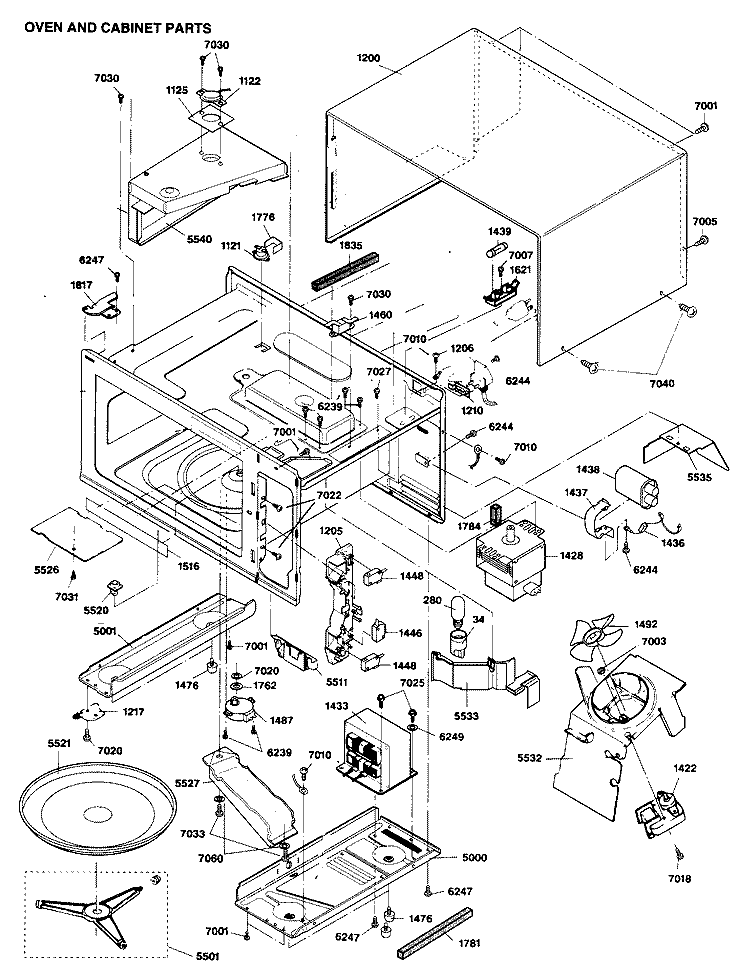 OVEN AND CABINET PARTS Diagram and Parts List for JE1250GV01  General Electric Microwave