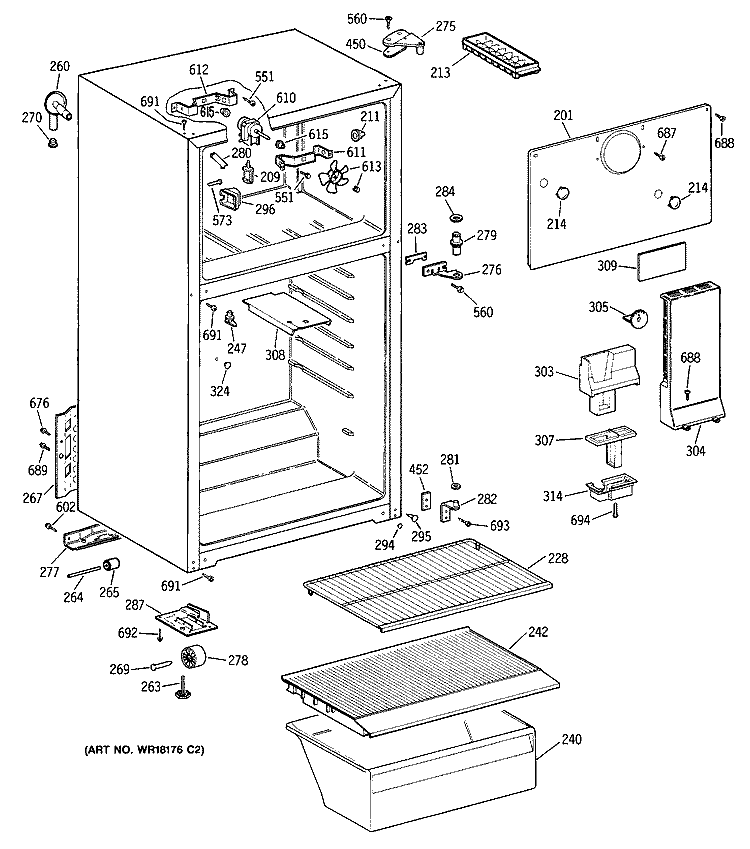 Section Diagram and Parts List for TBX14AYTBLWH  General Electric Refrigerator
