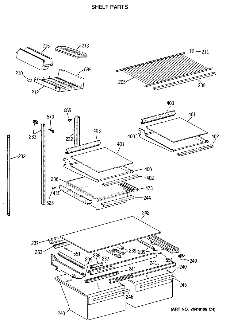 SHELF PARTS Diagram and Parts List for TBX19MASSRWH  General Electric Refrigerator