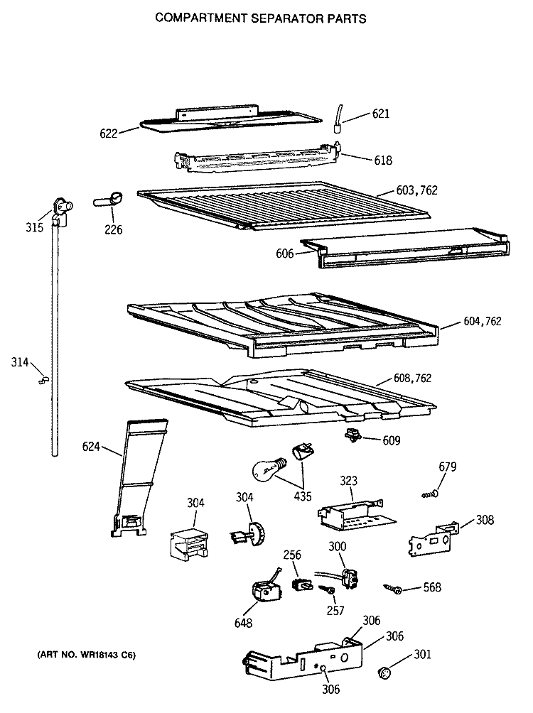COMPARTMENT SEPARATOR PARTS Diagram and Parts List for TBX19MASSRWH  General Electric Refrigerator