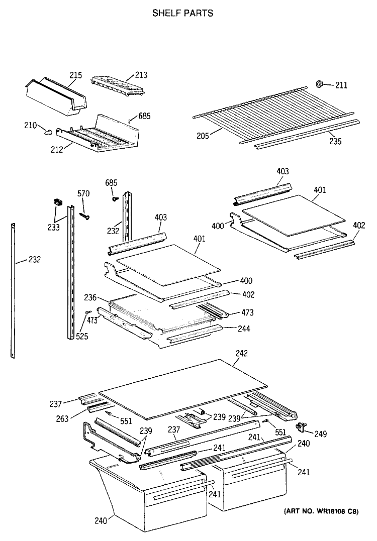 SHELF PARTS Diagram and Parts List for TBX21MASSRWH  General Electric Refrigerator