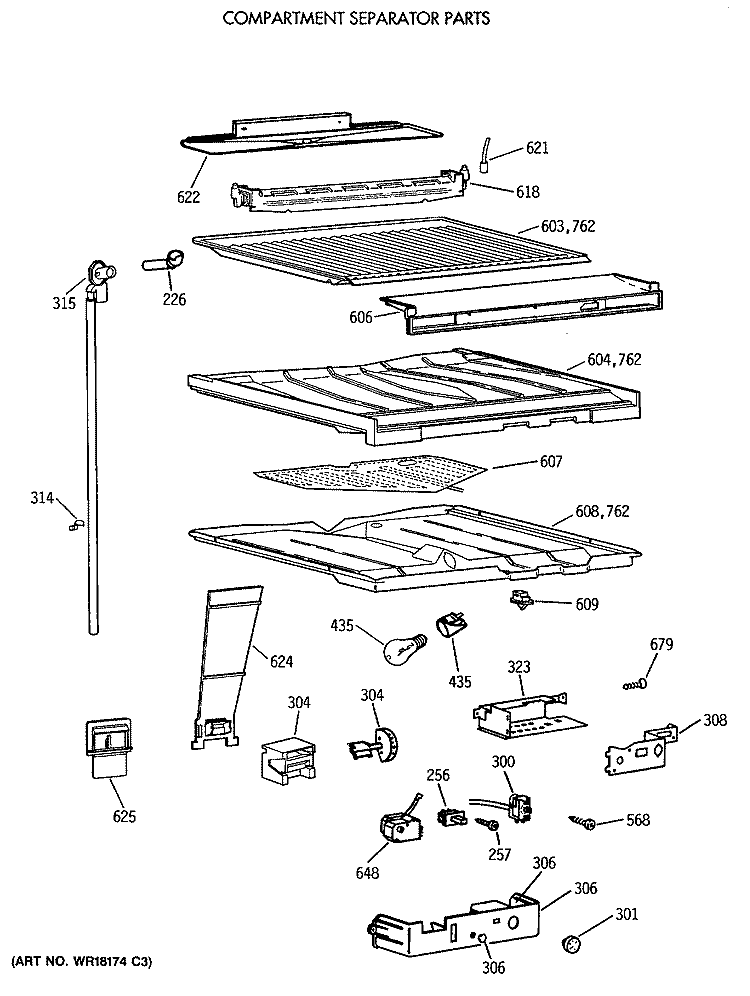 COMPARTMENT SEPARATOR PARTS Diagram and Parts List for TBE18DASTRWH  General Electric Refrigerator