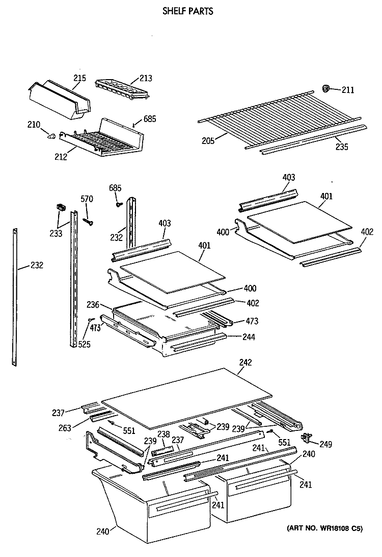 SHELF PARTS Diagram and Parts List for TBE24JASMRWH  General Electric Refrigerator