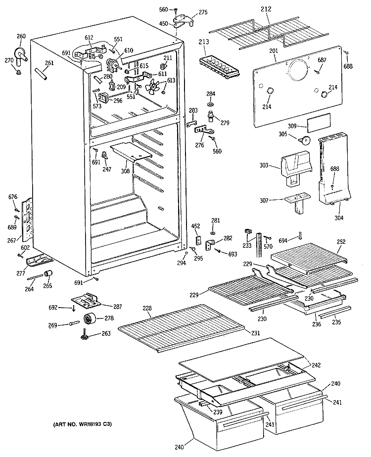 Section Diagram and Parts List for TBX18TATDRAD  General Electric Refrigerator