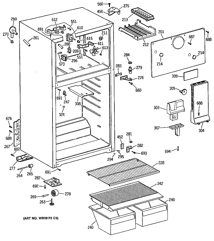 Section Diagram and Parts List for TBE16SATJRWH  General Electric Refrigerator
