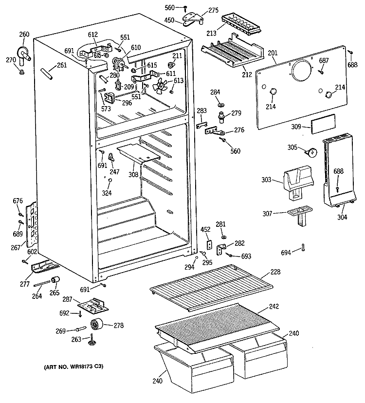 Section Diagram and Parts List for TBE16SATDRWH  General Electric Refrigerator