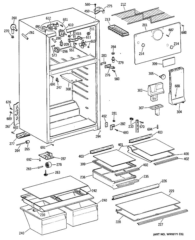 Section Diagram and Parts List for TBE18NAYBRWH  General Electric Refrigerator