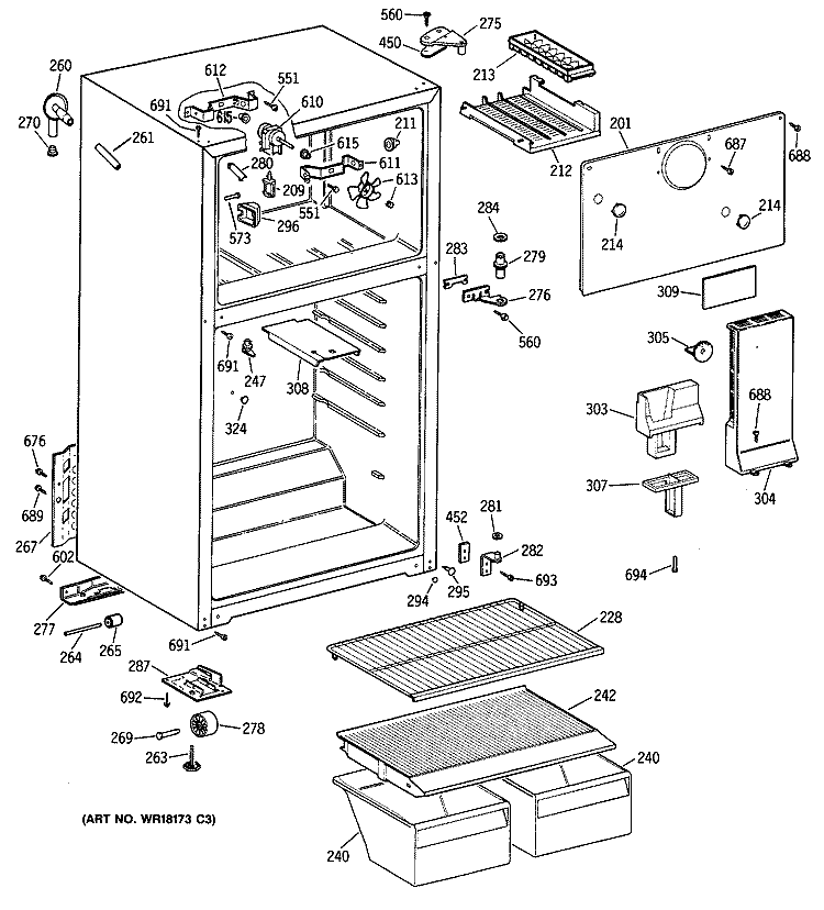 Section Diagram and Parts List for TBE14SATJRWH  General Electric Refrigerator